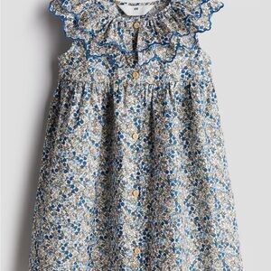 H&M Floral Ruffle Collar Dress in Blue and Cream